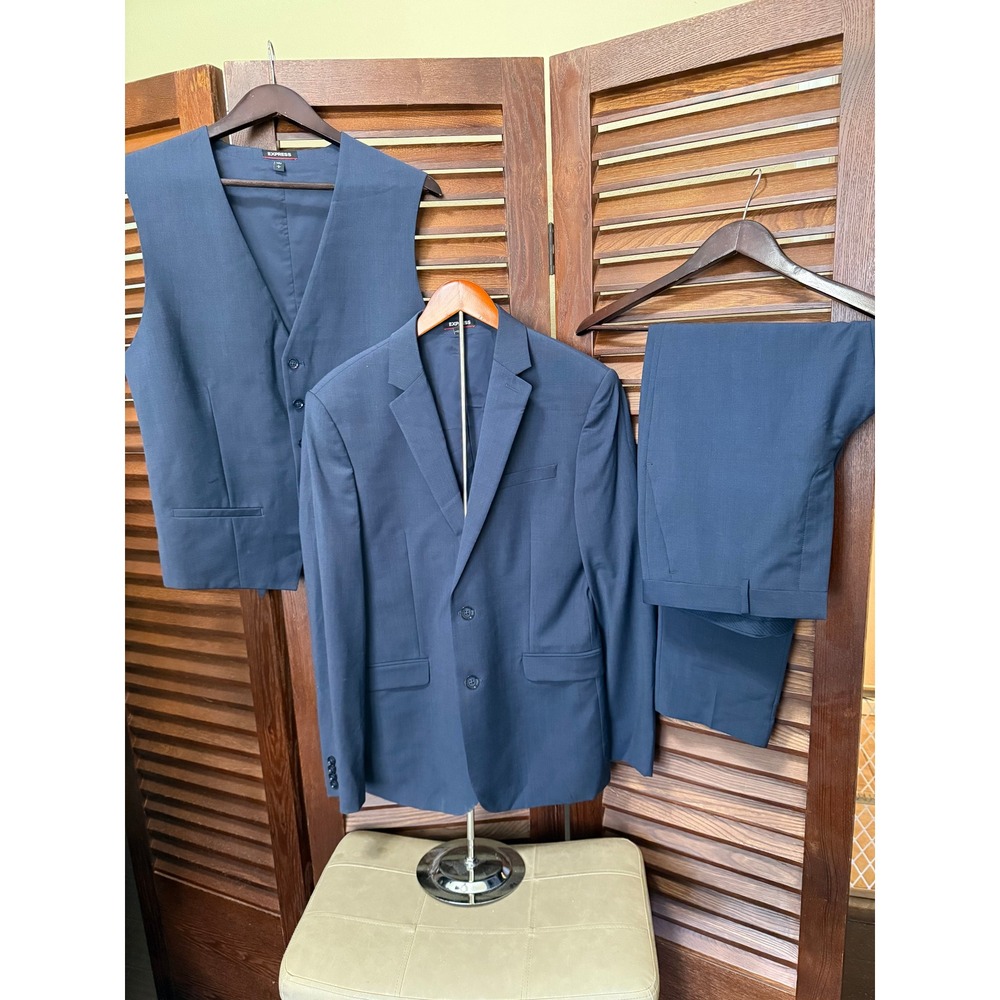 Express Performance Extra Slim 3-Piece Suit Navy Blue Mens Large 34x30